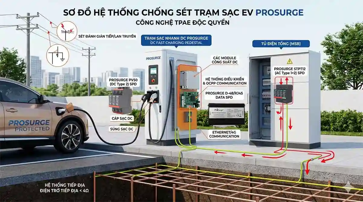 Chống sét trạm sạc VinFast: Giải pháp bảo vệ toàn diện từ Prosurge cho hệ thống sạc điện ô tô, xe máy điện