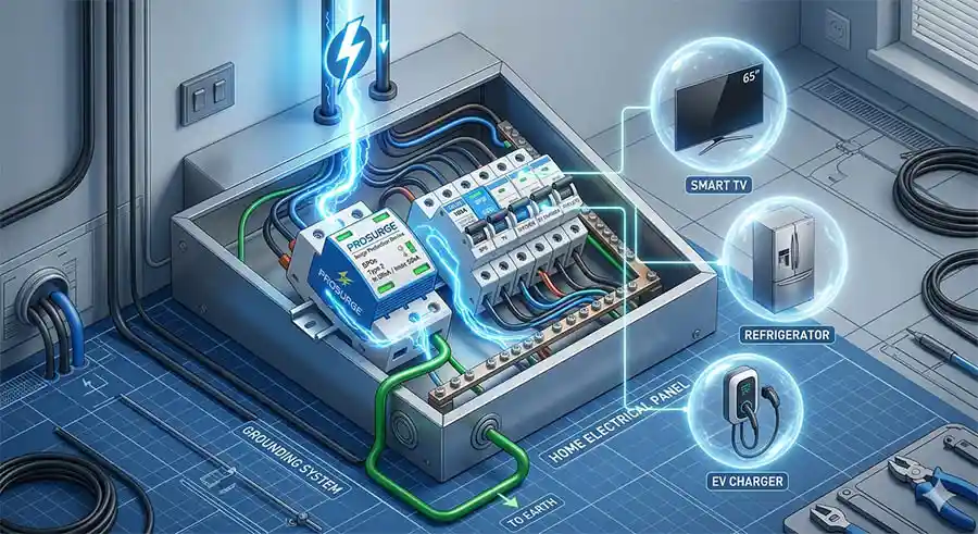 Thiết Bị Chống Sét Lan Truyền Tốt Nhất, Sơ đồ lắp đặt thiết bị chống sét lan truyền SPD Loại 2 trong tủ điện gia đình, đảm bảo an toàn cho Smart Home
